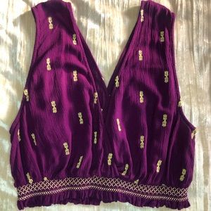 Free People Purple Embroidered Cropped V-Neck Tank